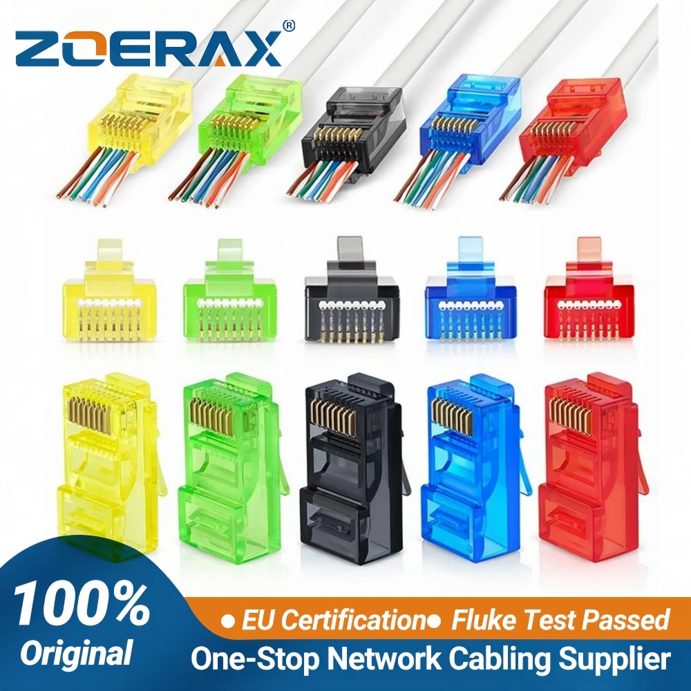 ZoeRax RJ45 Cat6 Pass Through Connectors, Assorted Colors, EZ to Crimp Modular Plug for Solid or Stranded UTP Network Cable