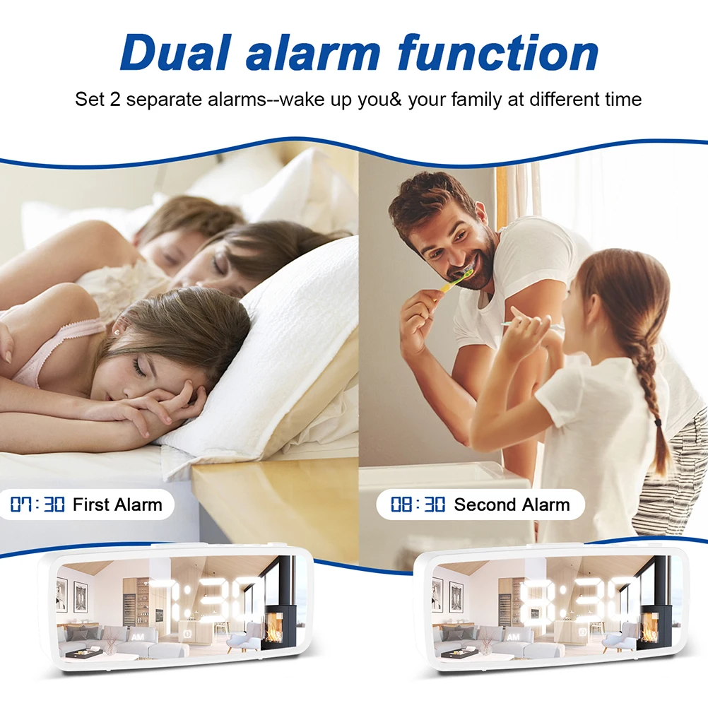 

1 set Electronic Alarm Clock LED Digital Desk Clock Compact Bedside Travel Home Office Stable Base Clear Mirror Simple Design