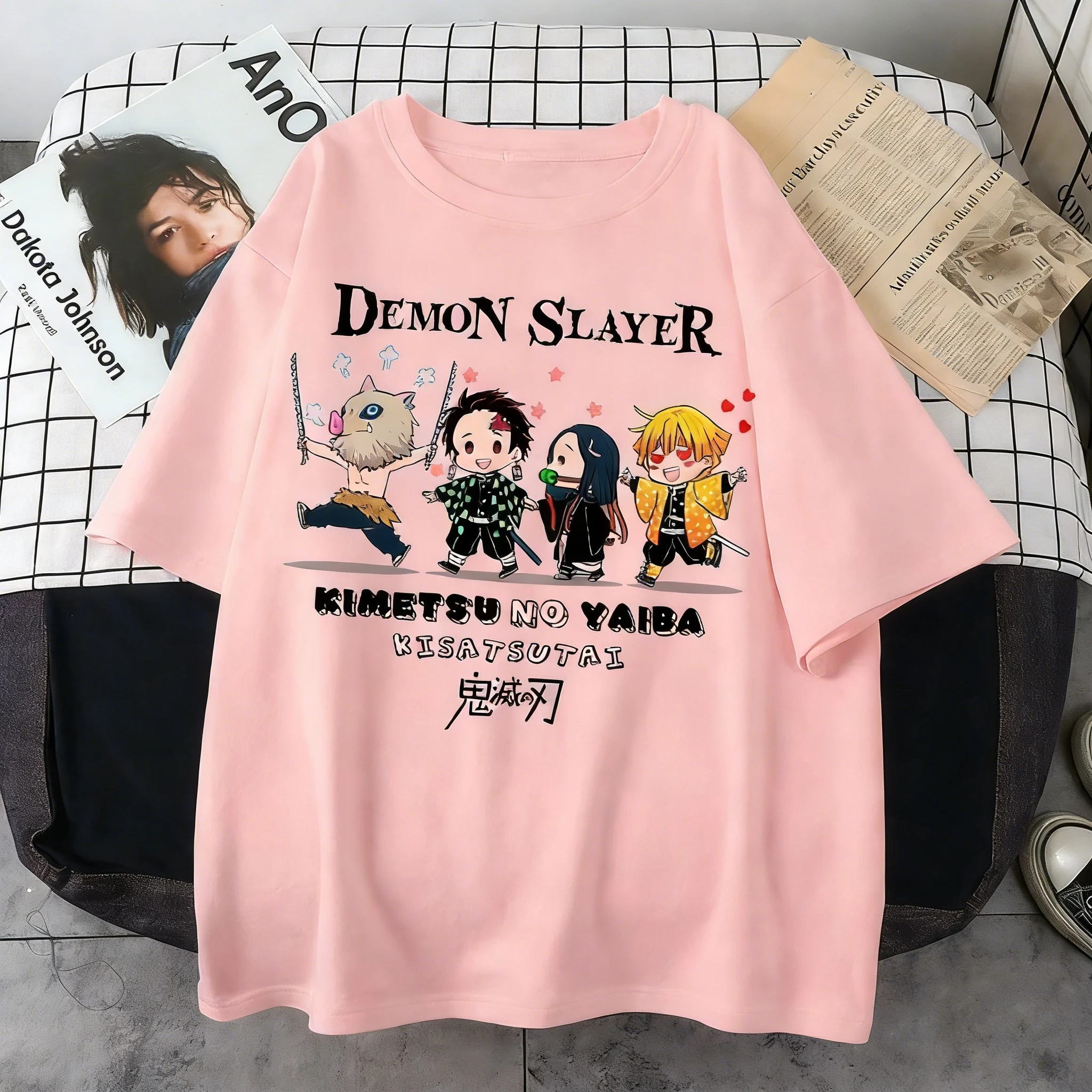Übergrößes Demon Slayer Sommer Anime Bedrucktes T-Shirt für Männer und Frauen, Lässiges Eltern-Kind-Oberteil, Modische Streetwear im Harajuku-Stil Y2K