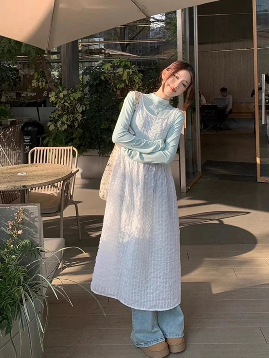 Gilet long transparent en dentelle Dr Vêtements intérieurs de printemps pour femmes T-shirt Sve Taille haute Jupe trapèze U-neline Couleur pure Commu...