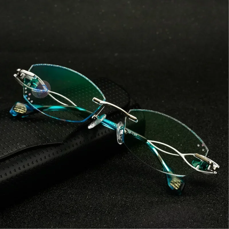 -100 -125 -150 Women's Blue Diamond Fashion Pure Titanium Screw-Free Rimless Eyeglass Frames Customized Prescription Glasses