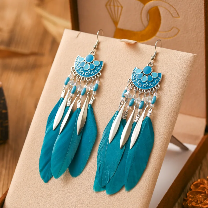 Neue Tropfen Öl Fanförmige Feder Ohrringe für Frauen Mode Böhmischen Lange Silber Farbe Metall Reis Perle Baumeln Ohrring Schmuck – Detail 9