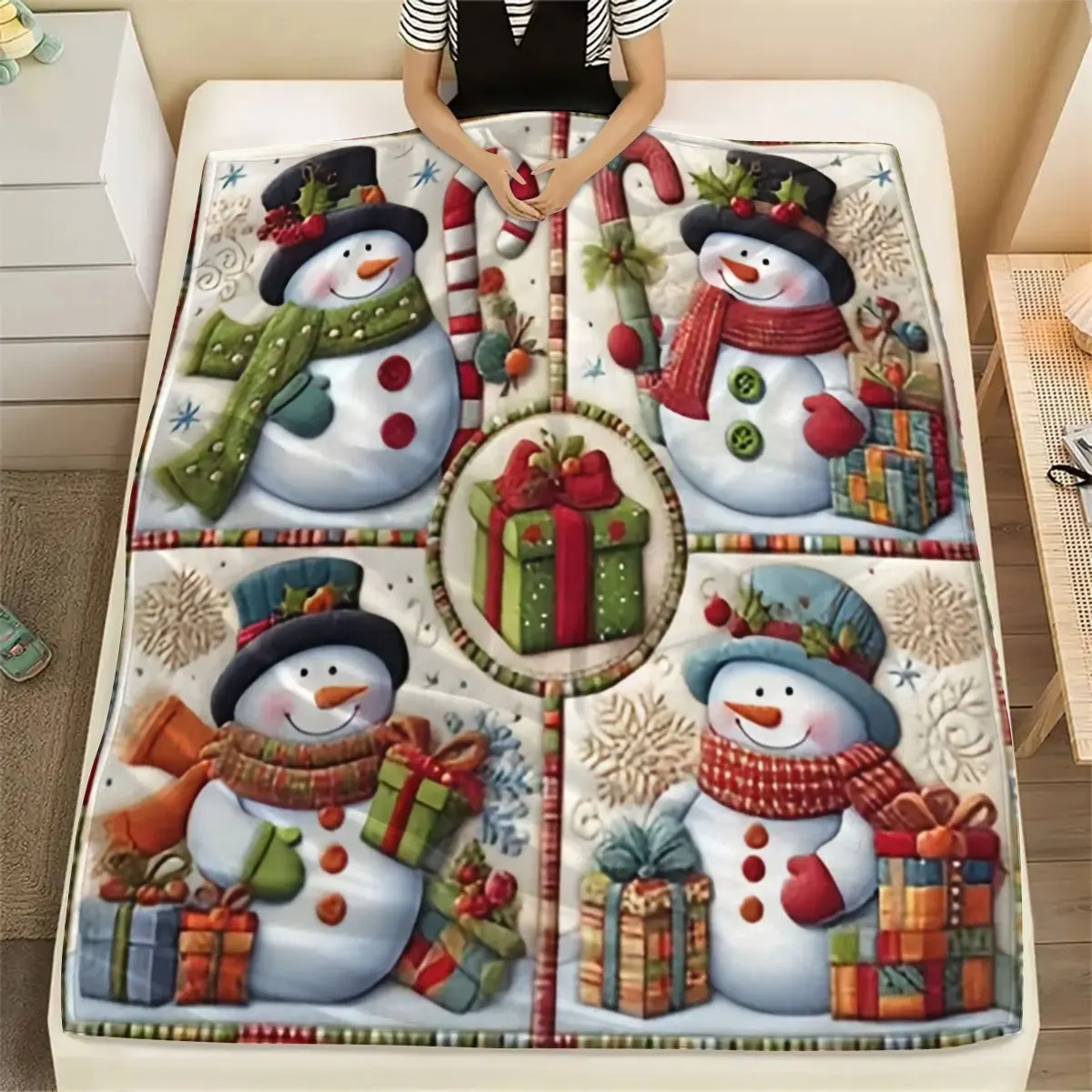 Cute Snowman Pattern Flannel Blanket Soft Warm Blanket, Suitable for Sofa Blanket, Home Leisure Blanket, Air-Conditioning Blanke