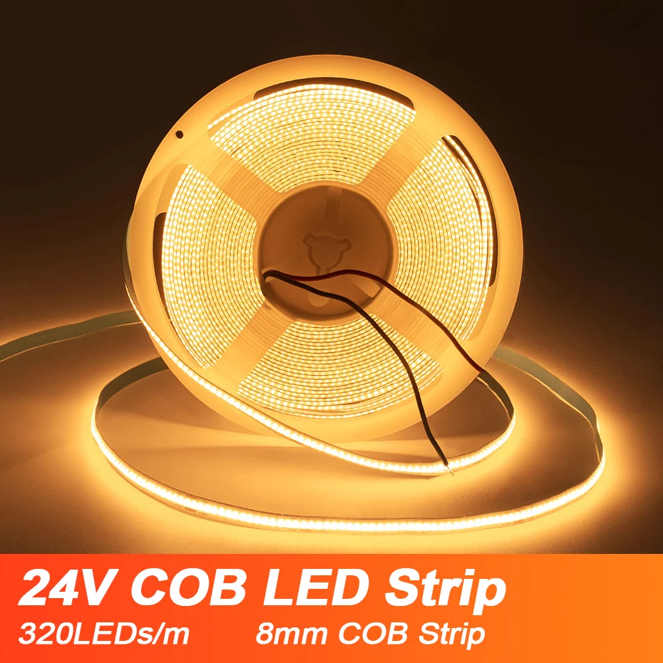 

Светодиодная лента COB 320 светодиодов/м, гибкая лента Cob высокой плотности, 24 В постоянного тока, Светодиодная лента теплого/естественного/холодного белого цвета для украшения помещений