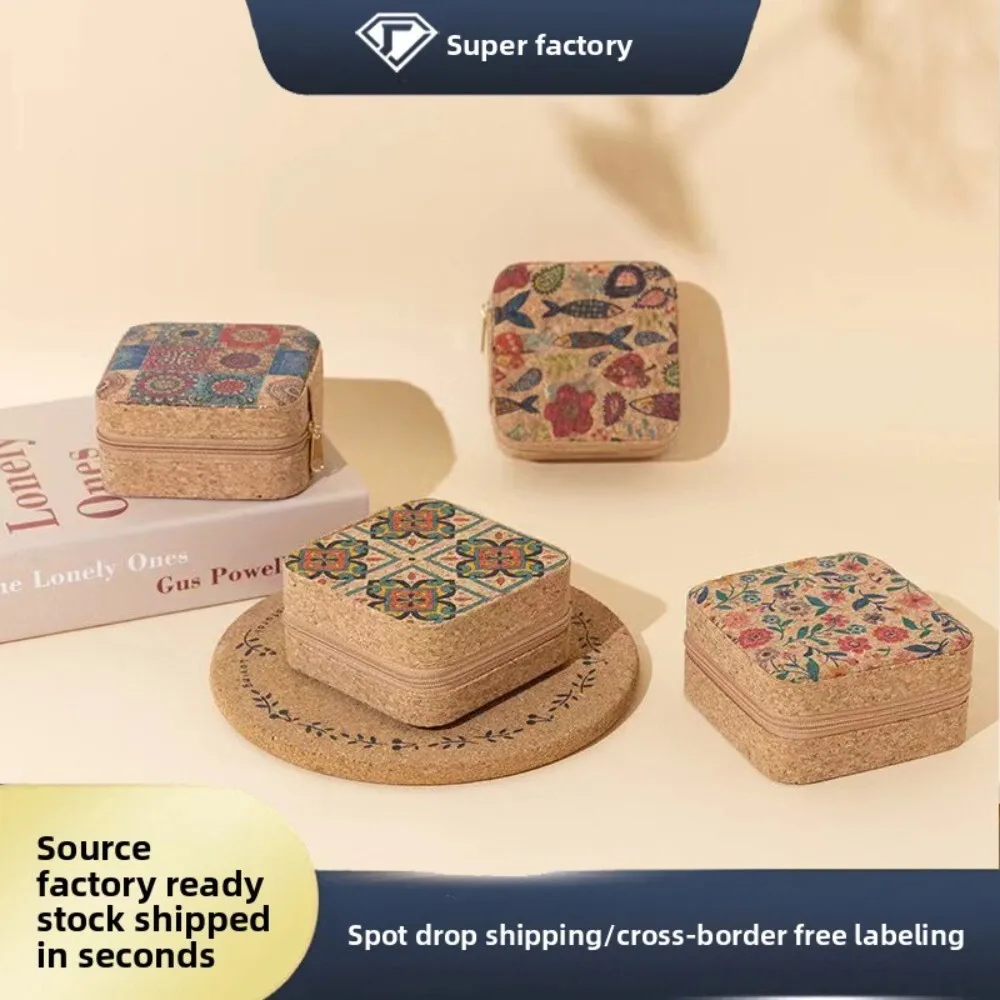 

Creative Printed Wooden Cork Grain Jewelry Box Portable Travel Organizer for Earrings Rings Necklaces Storage Case Gift