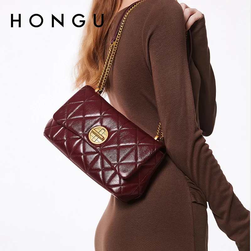 

HONGU 2025 New Red Leather Shoulder Bag Chain Diamond Square Bag Classic Retro Youth Daily Light Luxury Underarm Bag H5136020