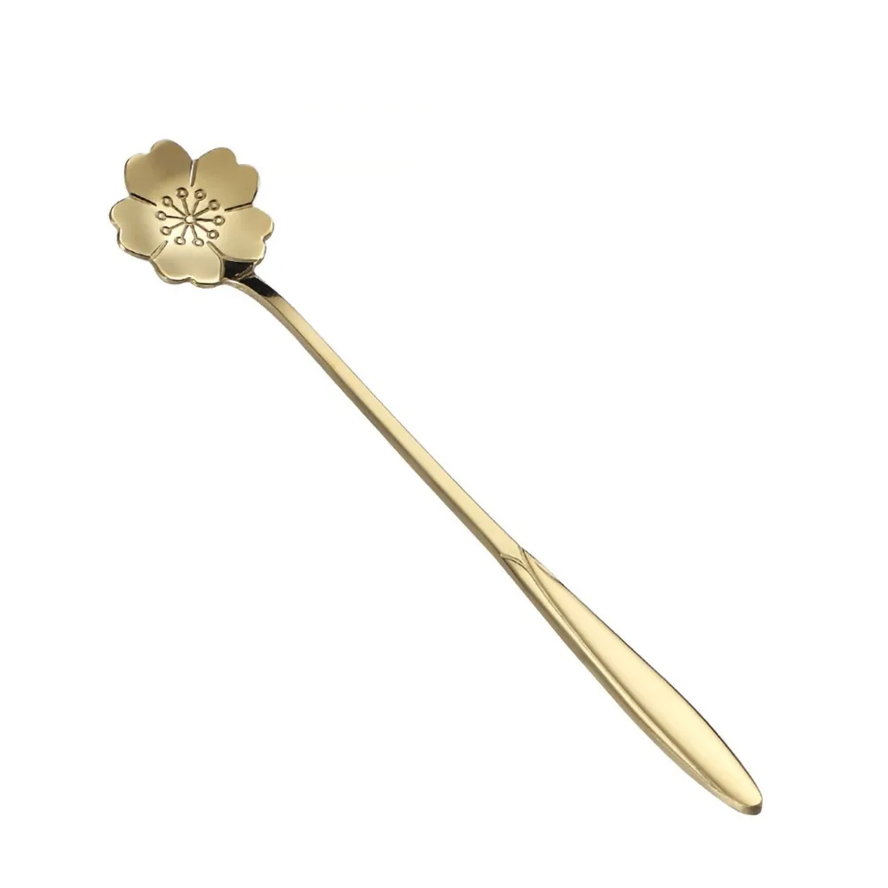 6Pcs Exquisite Rustless Steel Coffee Spoon Long Handle Flower Shaped Head Dessert Spoon Polished Smooth Teaspoon Set Cafe Table