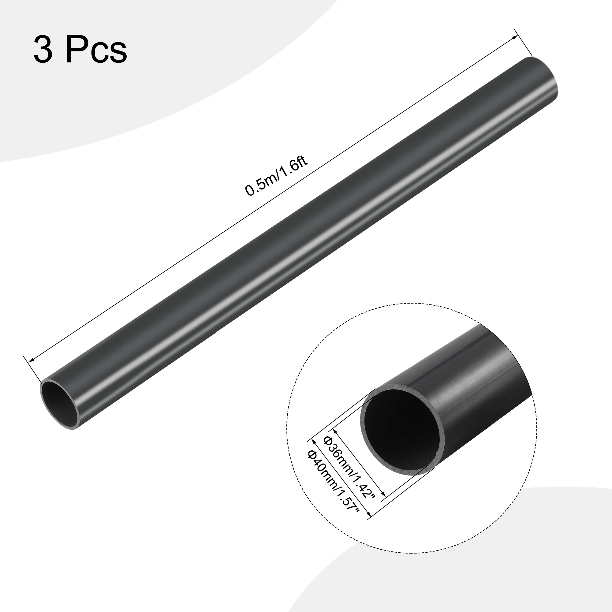 3Pcs PVC Rigid Round Pipe 15.5-36mm ID 20-40mm OD 500mm Black High Impact for Water Pipe, Crafts, Decoration, Cable Sleeve