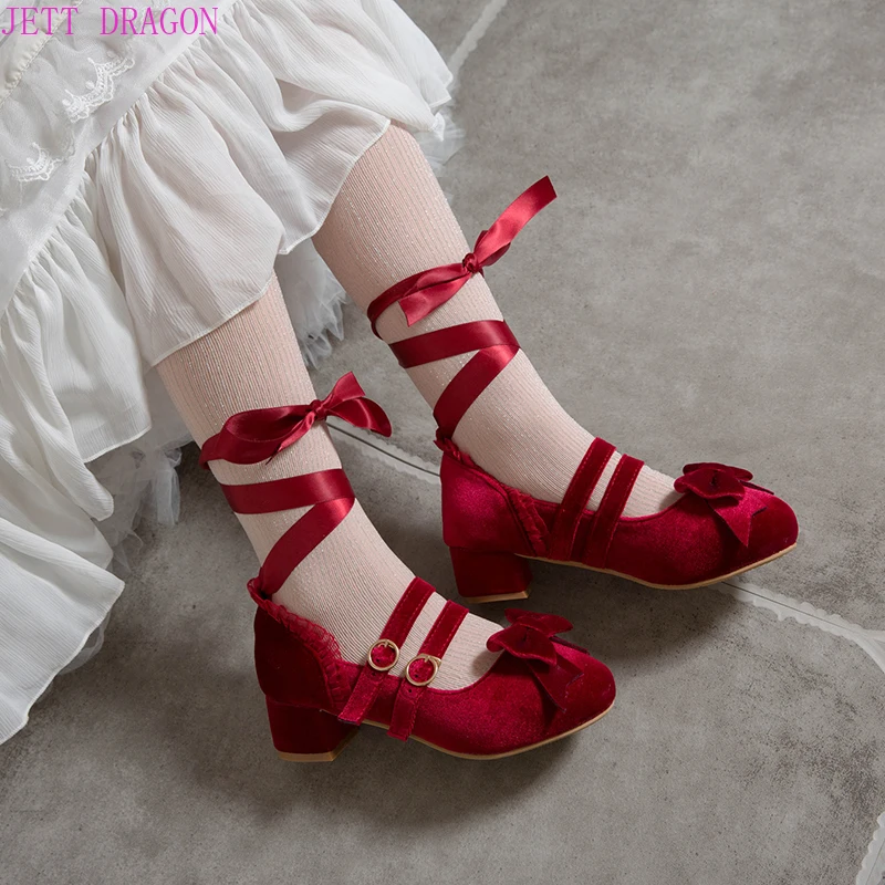 2024 Spring Autumn New Women Pumps Lolita Shoes Platform High Heels Red Lace Mary Jane Shoes Bow Block Heel Ladies Party Shoes