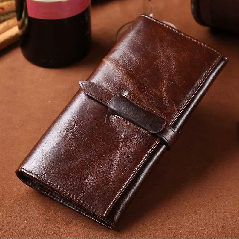 100% First Layer Long Wallet Men Leisure Business Vintage Oil Wax Genuine Leather Wallets Pocket Many Card Slot Purse Cowhide