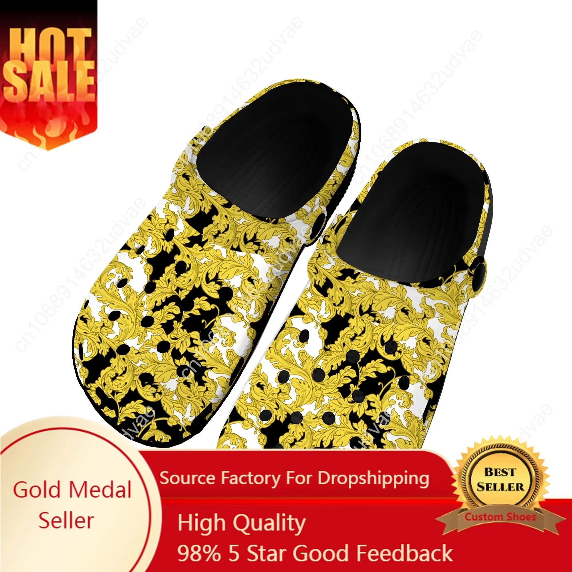 

Luxury Golden Floral Prints Home Clogs Custom Water Shoes Baroque European Mens Womens Teenager Garden Clog Beach Hole Slippers