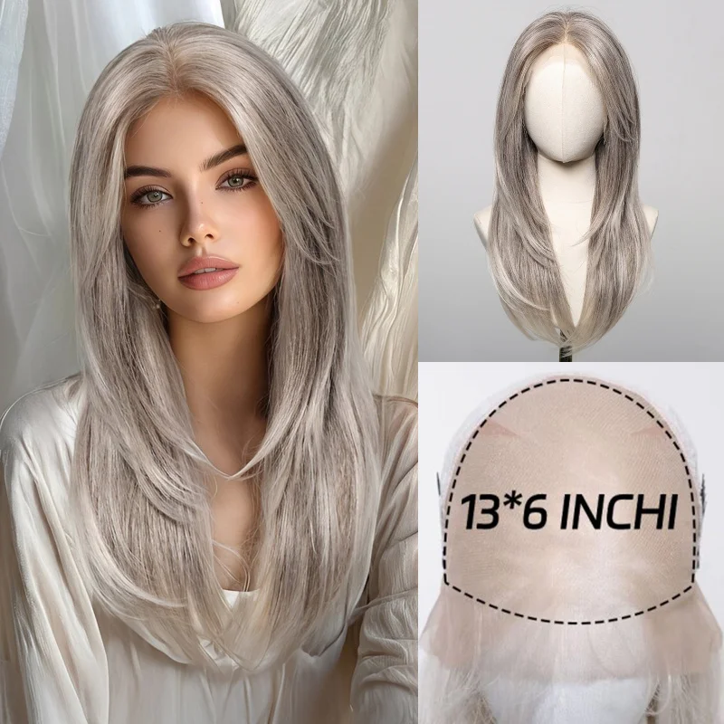 Imported lace wig with a large 13*6 natural parting, golden medium-long straight hair, full head cover
