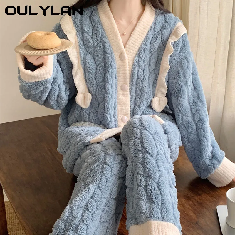 Spring Autumn Thin Women Pajamas Cotton Home Suit Set Femlae High-end Embroidery Long Sleeves Pants Sets Outerwear OULYLAN