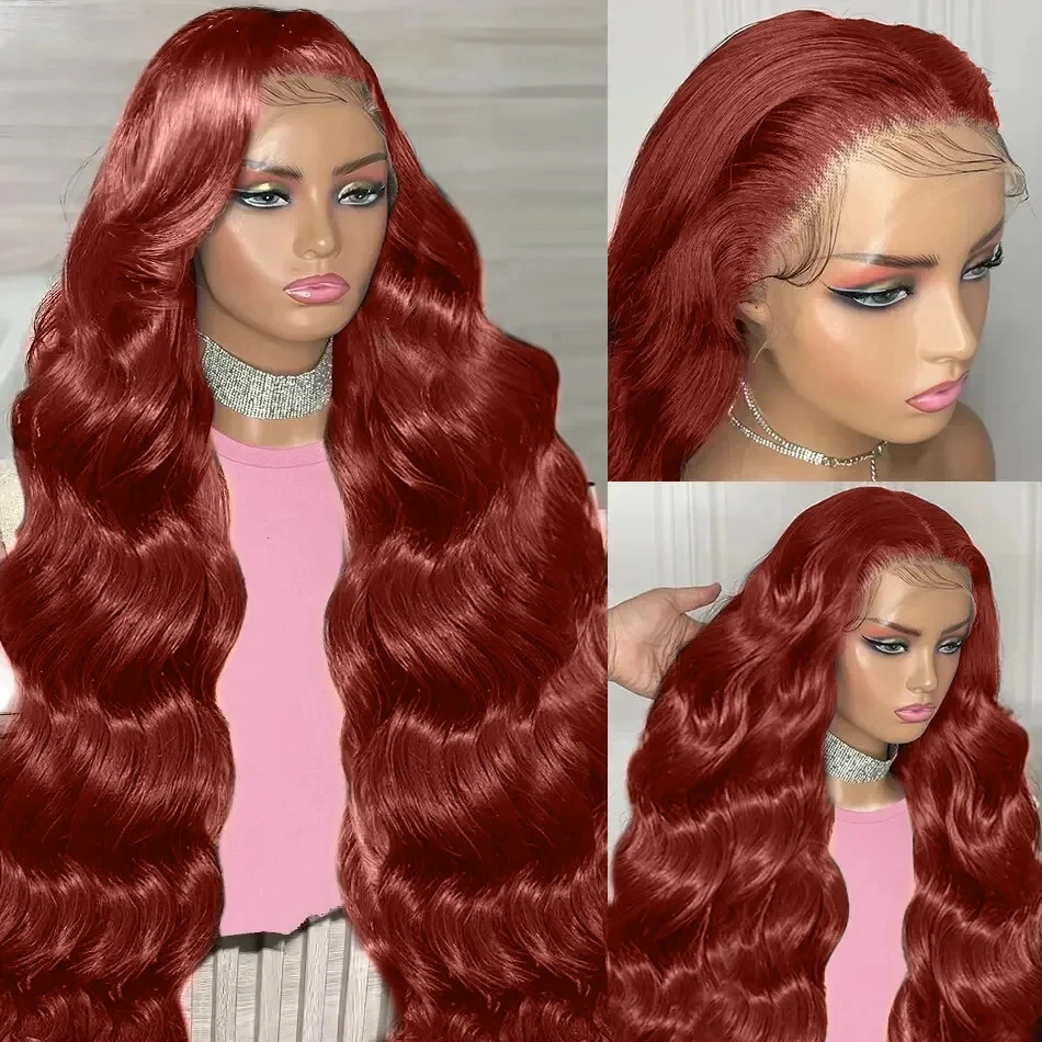 200Density Reddish Brown Body Wave Lace Front Human Hair Wig Brazilian 30 32 Inch Transparent 13x4  Lace Frontal Wigs For Women