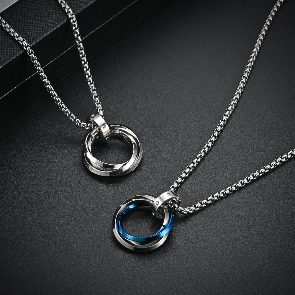 Casual Simple Interlocked 3 Circle Necklace for Men Women Chain Round Circle Pendant Stainless Steel Hippie Neck Collar Jewelry