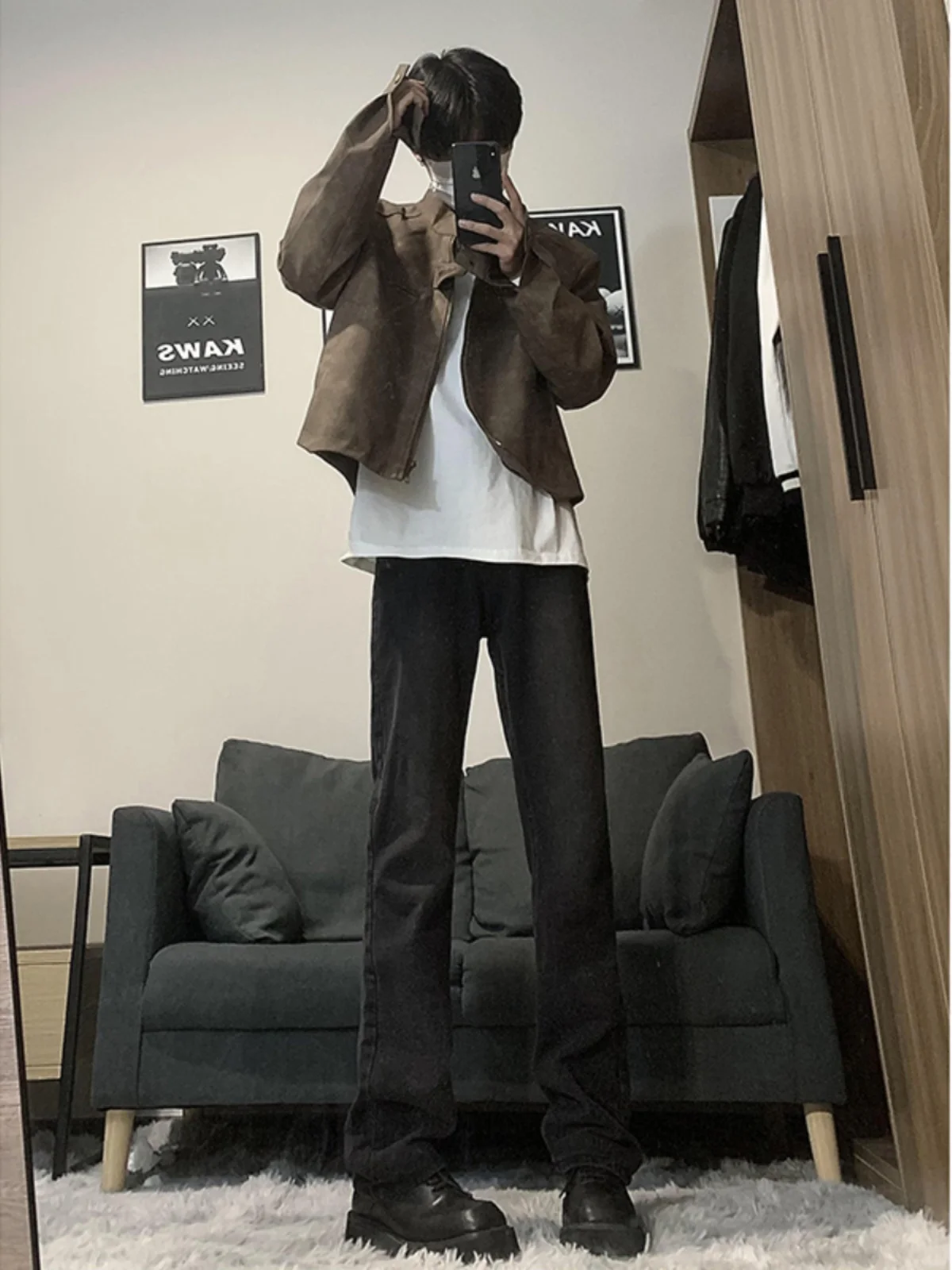 

Bla Fce Lined Jeans Men's Loose Fit Straight Leg Slimming Bootcut Pants American Sle Winter Wear Youth Trend