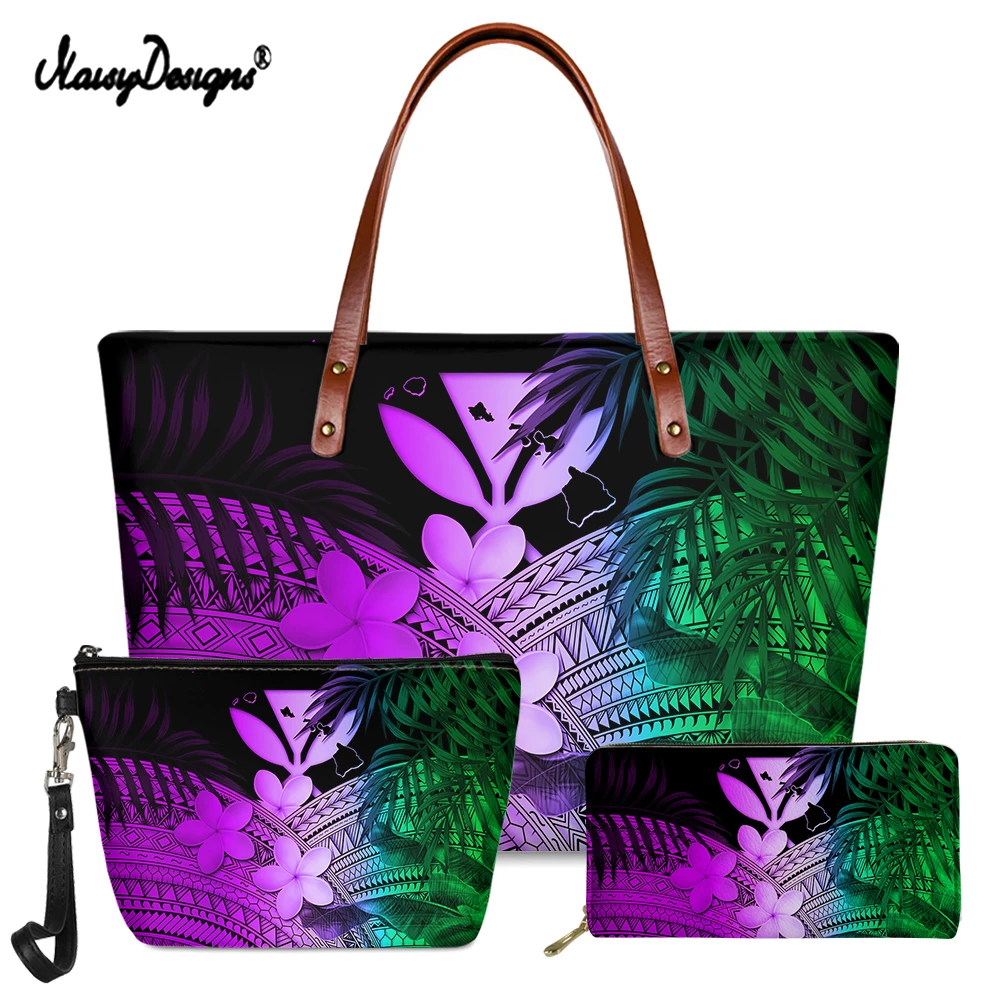 

NOISYDESIGNS Customize Women Handbags Set Gradient Color Hawaiian Maoli Tribe Plumeria Shoulder Bags Female Large Capacity Totes