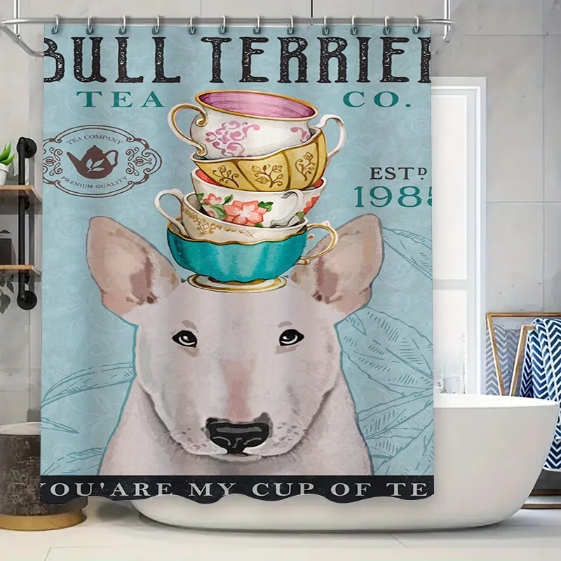 Bull Terrier Tea Set Shower Curtain Blue Print Pet Lover Decorative Bathroom Accessories Unframed Wall Art Poster Canvas Prints