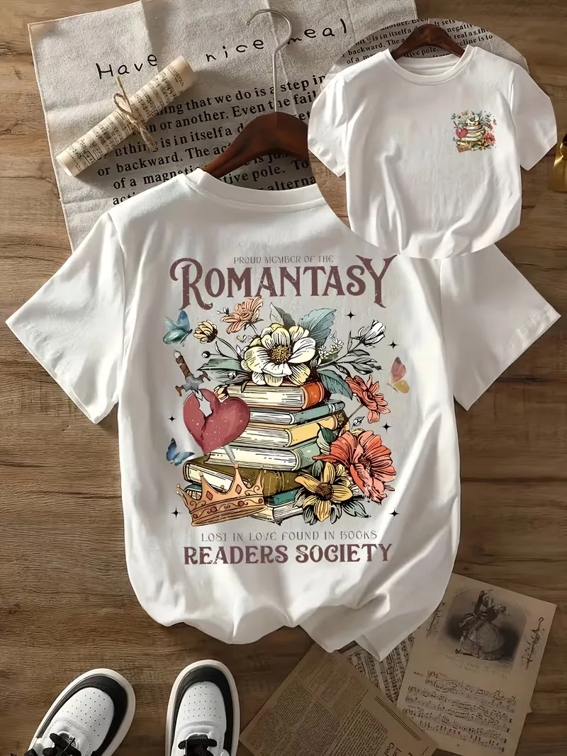 Lost in Love Found in Books Book Lover T-Shirt - Retro Reading Tee with Book & Heart Design, Casual Crew Neck Short Sleeve Top