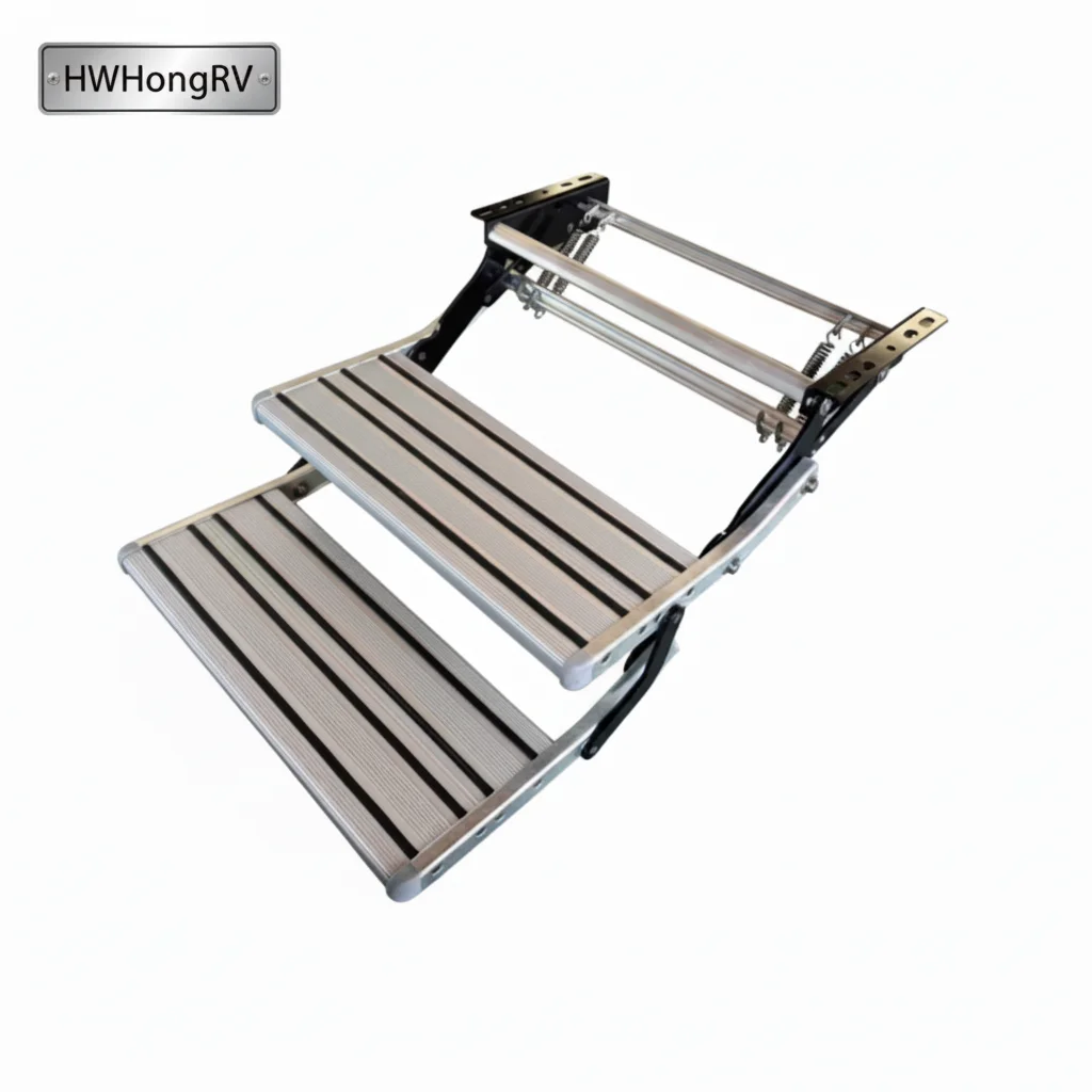Campervan RV Door Entry Side Step Manual Double Step Aluminum Alloy Universal Fit 150kg Capacity Anti-Collision Design