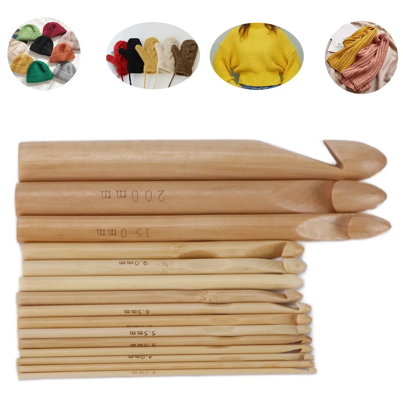 15Pcs Crochet Hooks Large Ergonomic Handle Bamboo Crochet 15mm/20mm/25mm Extra Thick Needles For Arthritic Hands