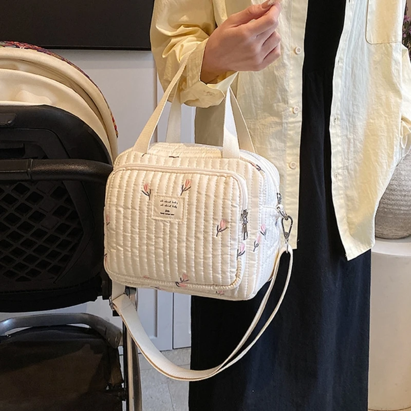 Sac à main en tissu de coton beige pour bébé, motif de broderie de fleurs d'ours mignon, sac à langer à fermeture éclair, nouveau sac à bagages, grande capacité