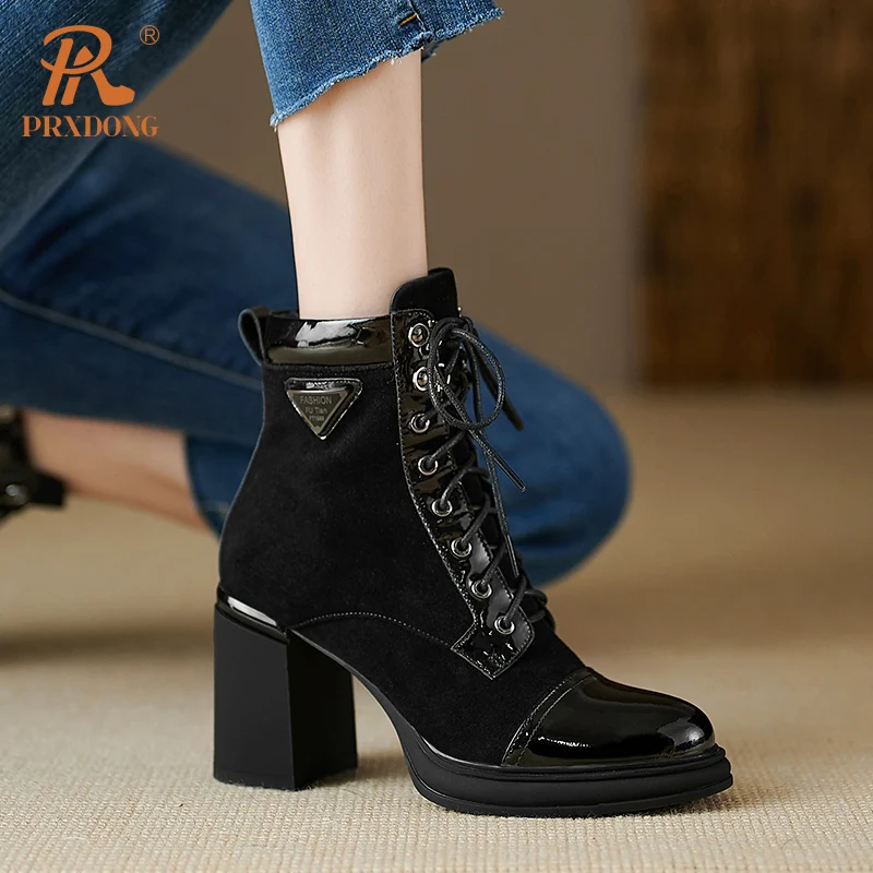 PRXDONG 2023 New Brand Autumn Winter Warm Ankle Boots Shoes Chunky High Heels Lace Up Dress Party Work Female Riding Boots 34-40