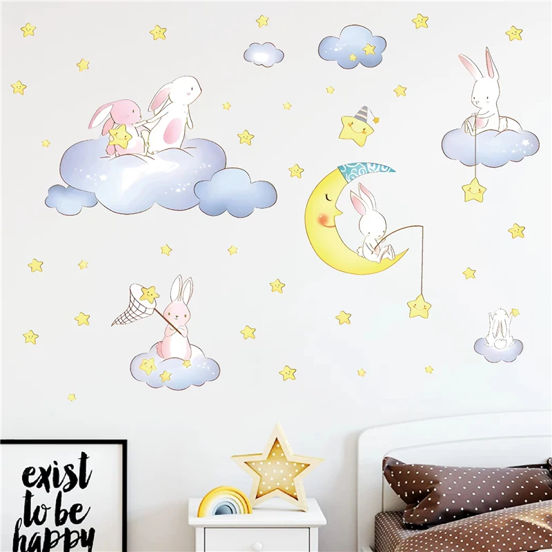 Lovely Rabbit Fishing Wandering In Sky Wall Stickers For Kids Bedroom Decor Animals Mural Art Diy Home Decal Pvc Poster