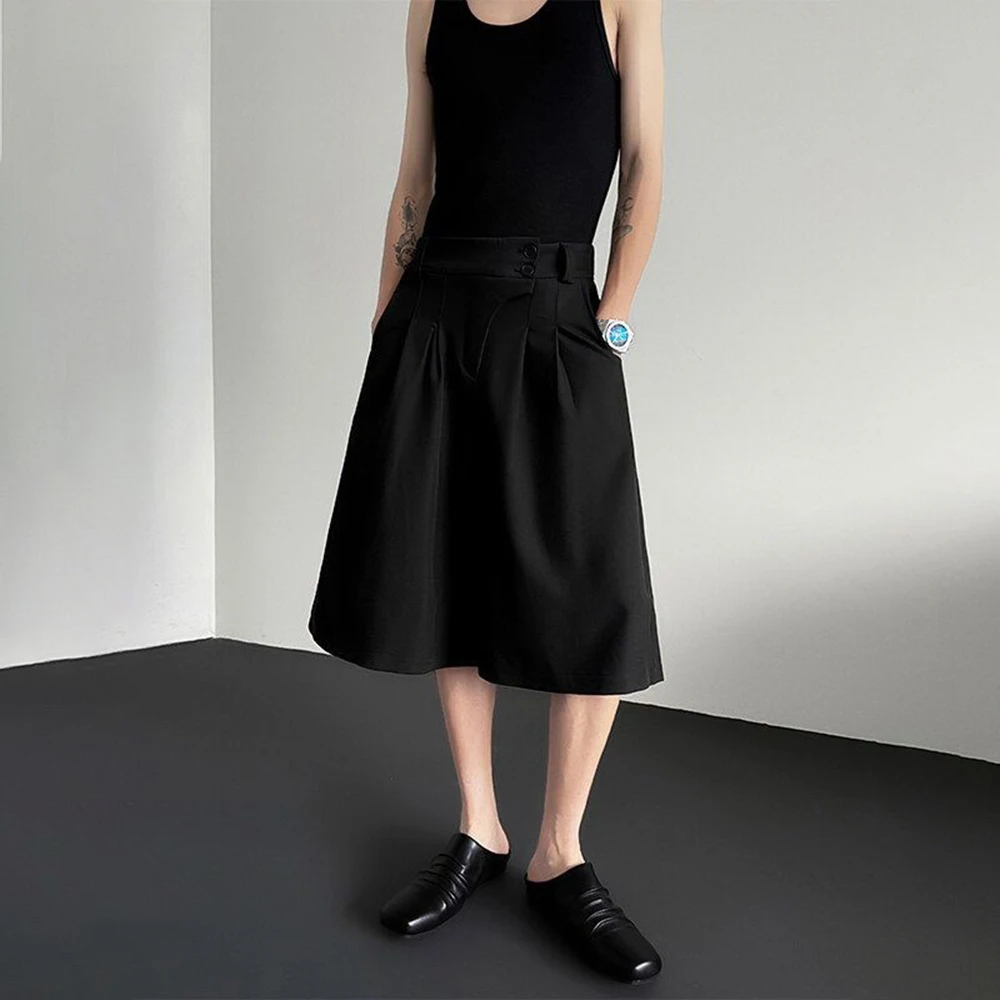 Mens Dark Black Thin Side Button Suit Shorts Summer Outdoor Daily Versatile Simple Plain Wide Leg Five Point Pants 2026 New