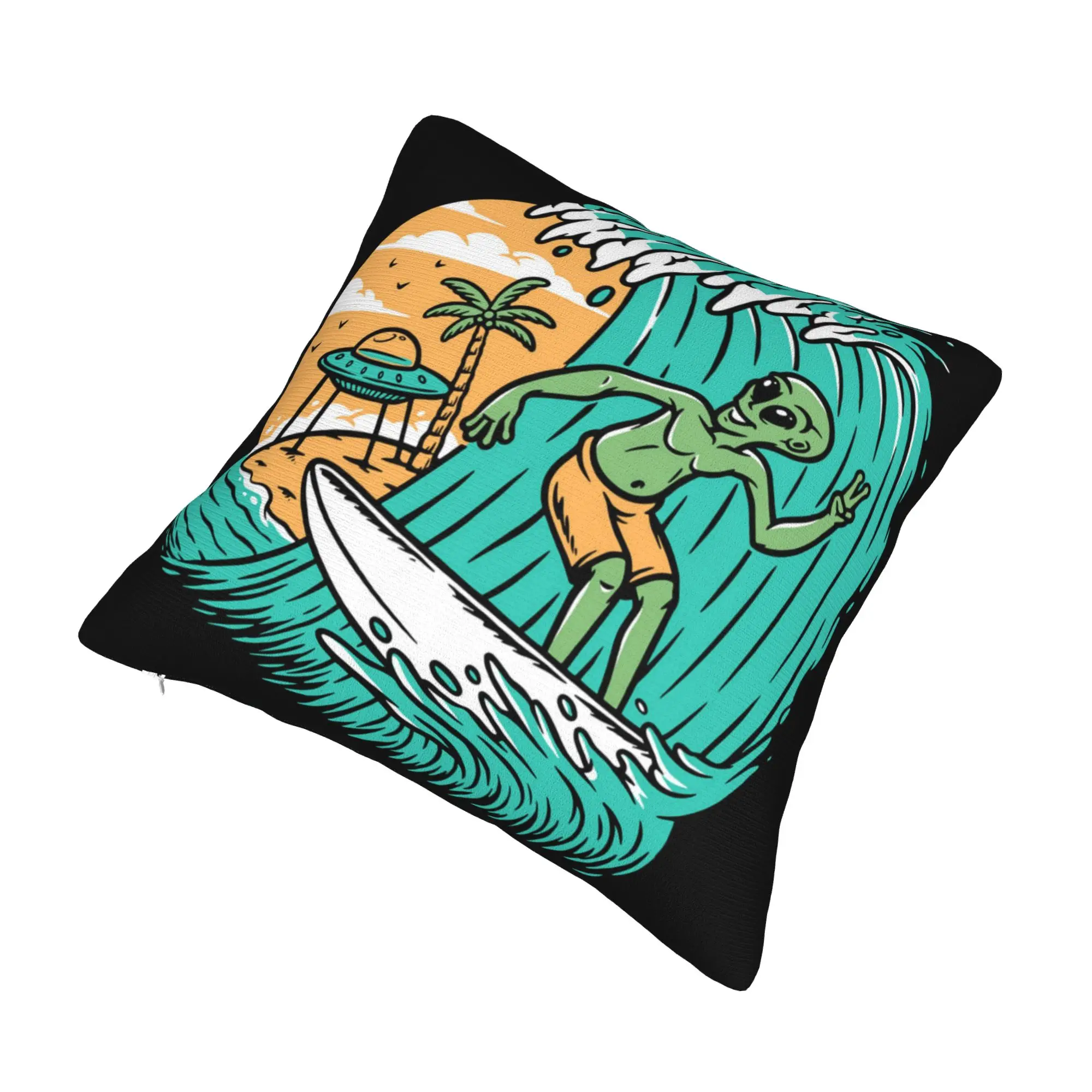 Aliens Surfing Cushion Cover 45x45cm Summer Beach Surfer Velvet Luxury Pillow Cases Decoration Salon