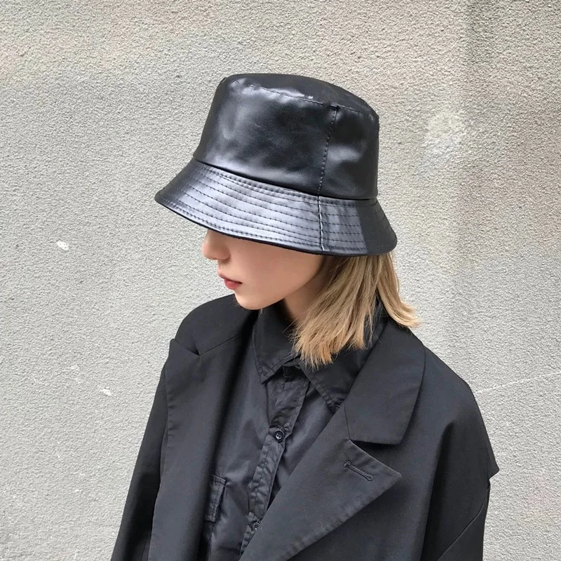 Niche Patent Leather Bucket Hats New Unisex Sunshade Simple Breathable Double Sided Versatile Personal Fashion Fisherman Caps