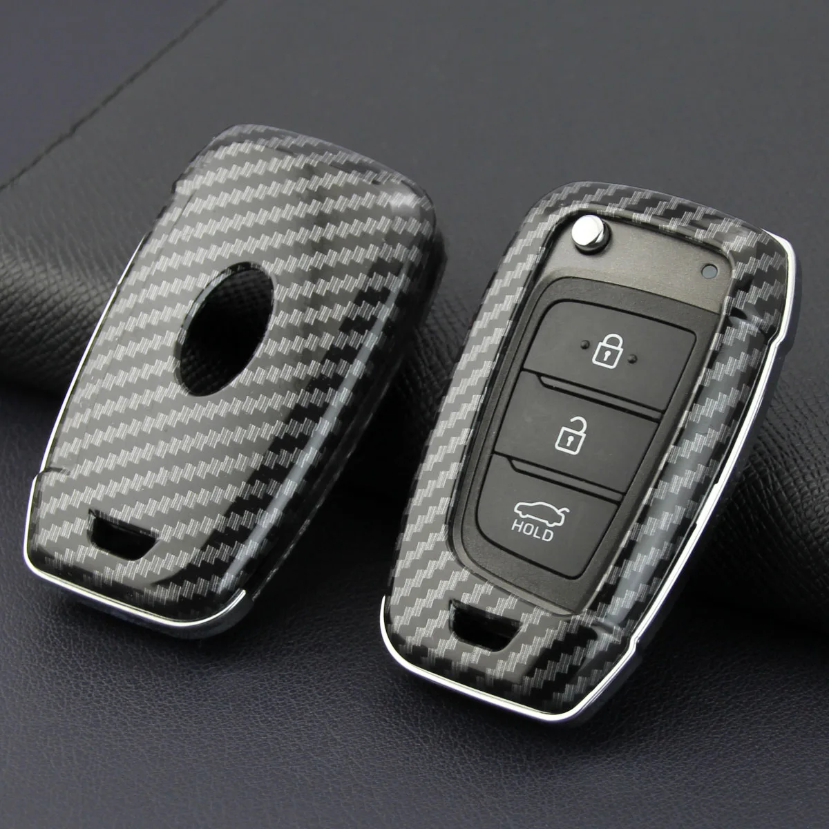 Carbon Fiber Flip Car Key Fob Case Cover Keychain For Hyundai i30 Tucson Elantra Sonata Santa Fe Cruz Accent Palisade Kona SE