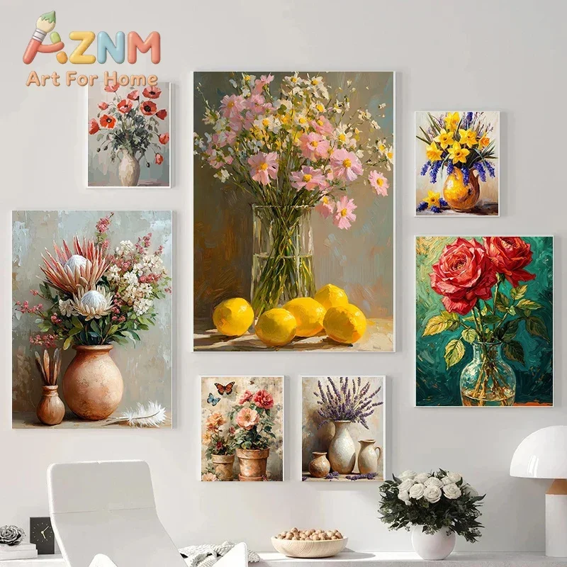 Vibrant Vintage Still Life Floral Vase 2D Flat, Frameless , Rustic European Decor,  Lemon Rose Wildflower Bouquet Print