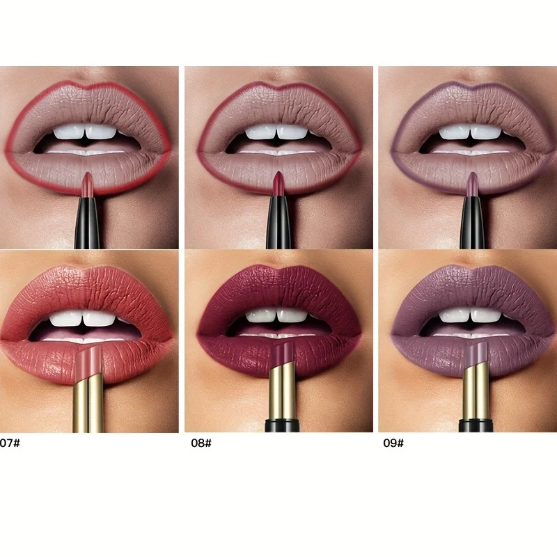 قطعة واحدة من أحمر الشفاه ذو الأطراف المزدوجة + قلم تحديد الشفاه، عصا دوارة مقاومة للتلطخ، أحمر شفاه ناعم غير لامع يدوم طويلاً