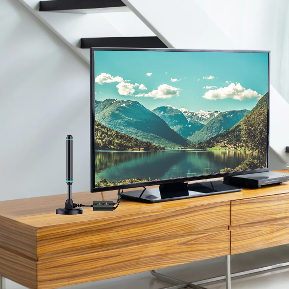 هوائي تلفزيون رقمي عالي الدقة 4K/1080P مع مضخم صوت أحادي 480+ ميل هوائي داخلي وخارجي قاعدة مغناطيسية VHF UHF رقمي عالي الدقة