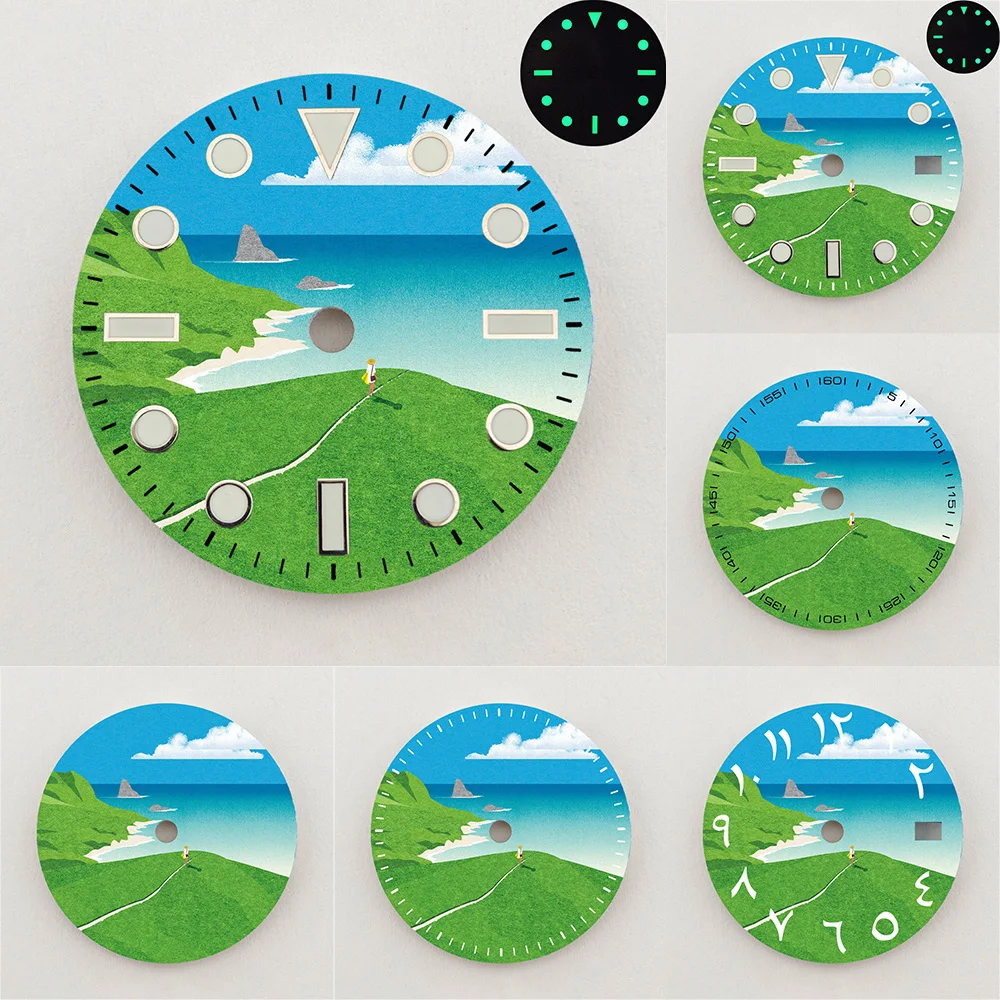 28.5mm Dial NH35 Dial Coastal Hills Ocean Dial Luminous Dial Colorful Dial NH36 Dial Watch Accessories Fits NH35/NH36 Movement
