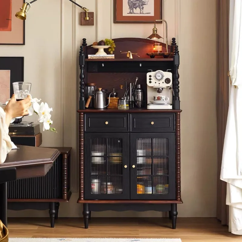 

French solid wood living room dining side cabinet antique style wine cabinet storage locker American glass door display cabinet