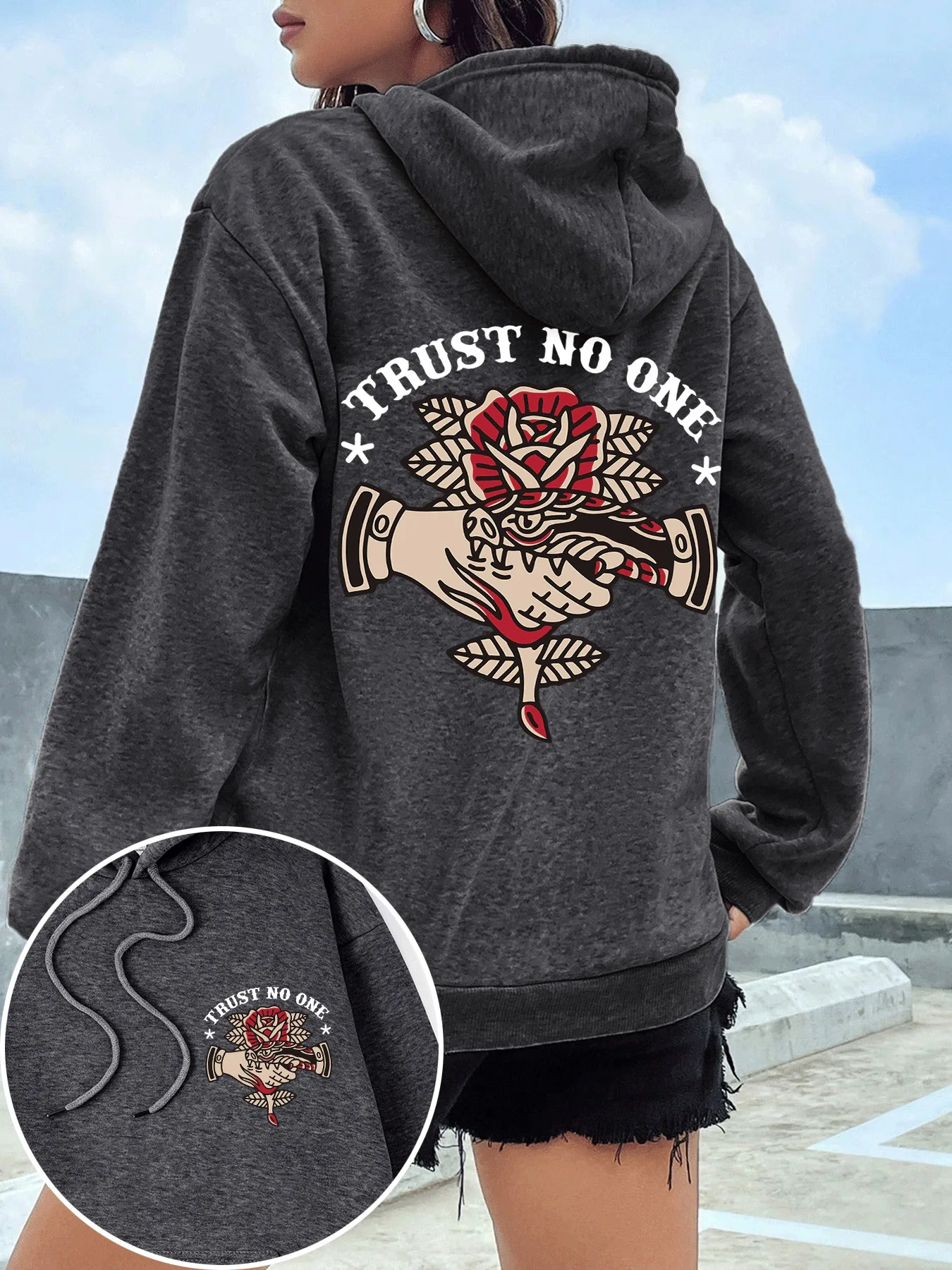 

Trust No One Snake Hand Design Женская толстовка с капюшоном Осенний универсальный пуловер Y2K Повседневная свободная толстовка с флисовым карманом Женская уличная одежда