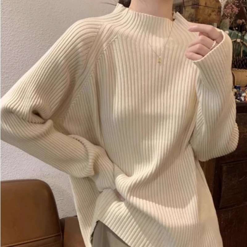 

2025 Autumn Winter Women Fashion New Arrival Loose Casual Elegant Korean Style Half-turtleneck Pullover Solid Knitted Sweater