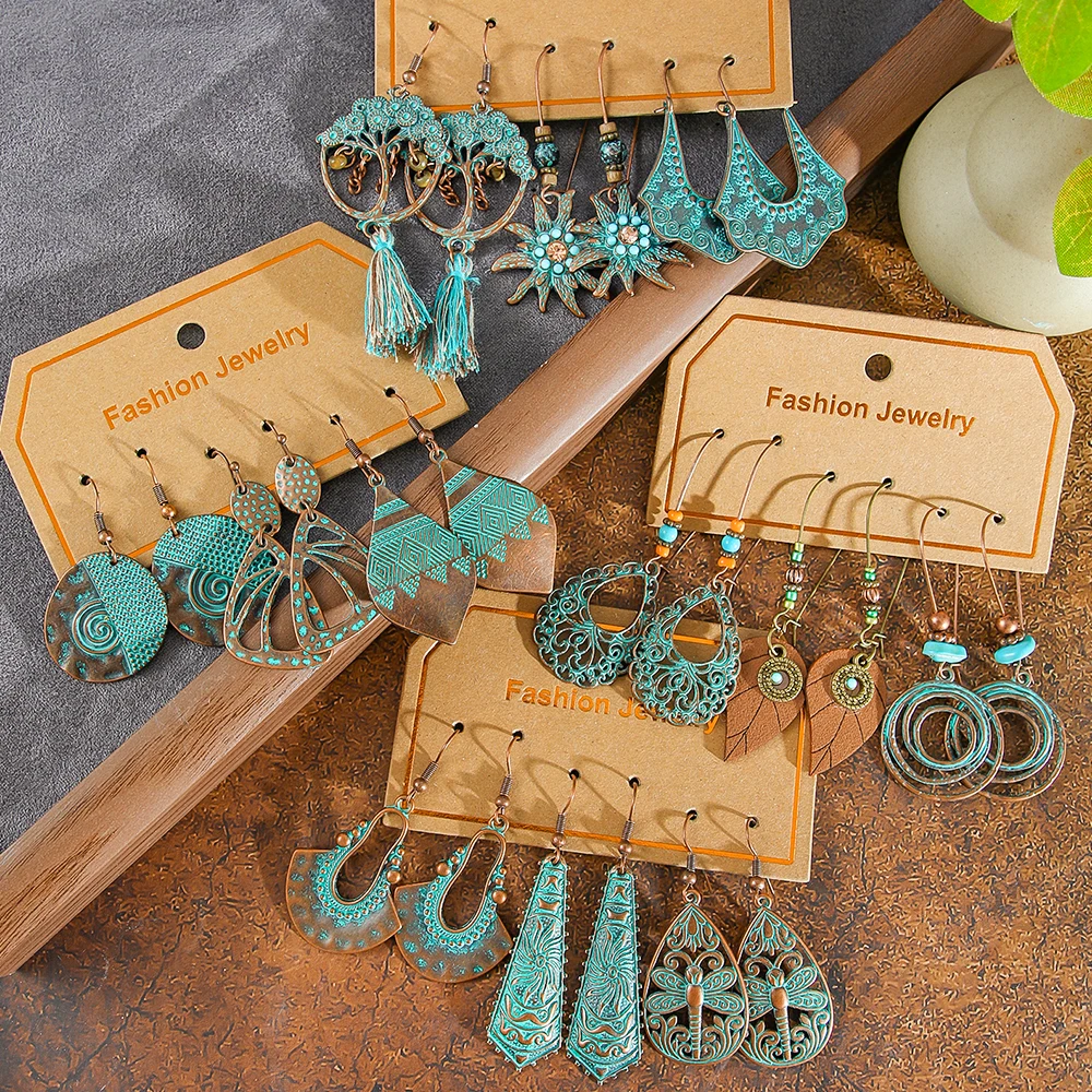 12/3 Pairs Vintage Boho Earrings Antique Bronze Geometric Statement Tassel Earrings Daily Wear Party Decors Versatile Vacation
