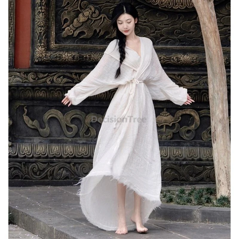 Elegant Zen-style Robe Dress Vintage Chinese Style Women Cotton Linen Robe Spring Autumn Loose Lazy Tie-waist Long Dress