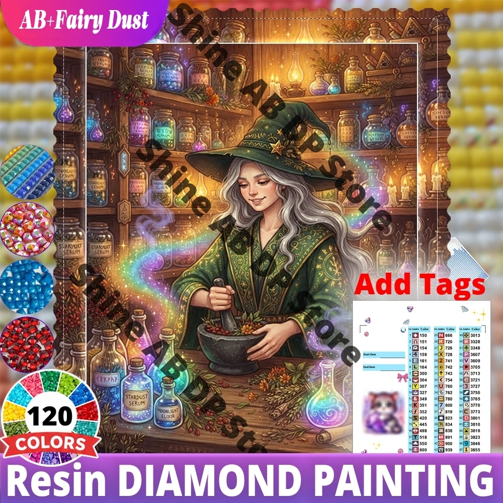 120 color Resin AB Fairy Dust DIY Diamond Mosaic Portrait Fantasy Full Square Painting witch hat books candles Decor For Home