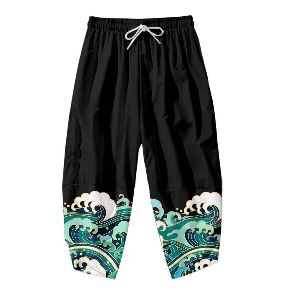 Quimono em flor de ameixa 3D masculino calça tradicional, roupa asiática, calça de banho, anime japonês, Yukata, calça cortada, calça masculina, casual