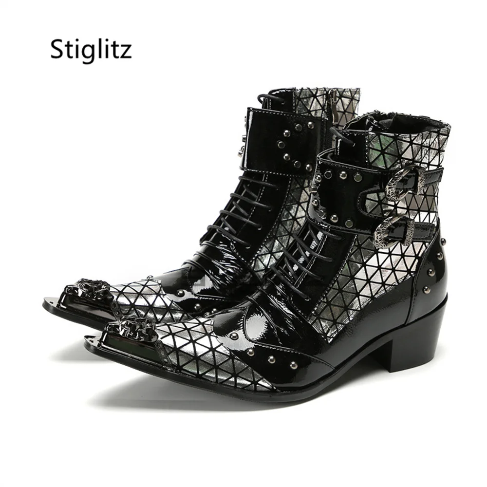 Splice Patent Leather Chelsea Boots for Men Punk Retro Rivet Double Buckle High Heel Motorcycle Ankle Boots Nightclub Shoes