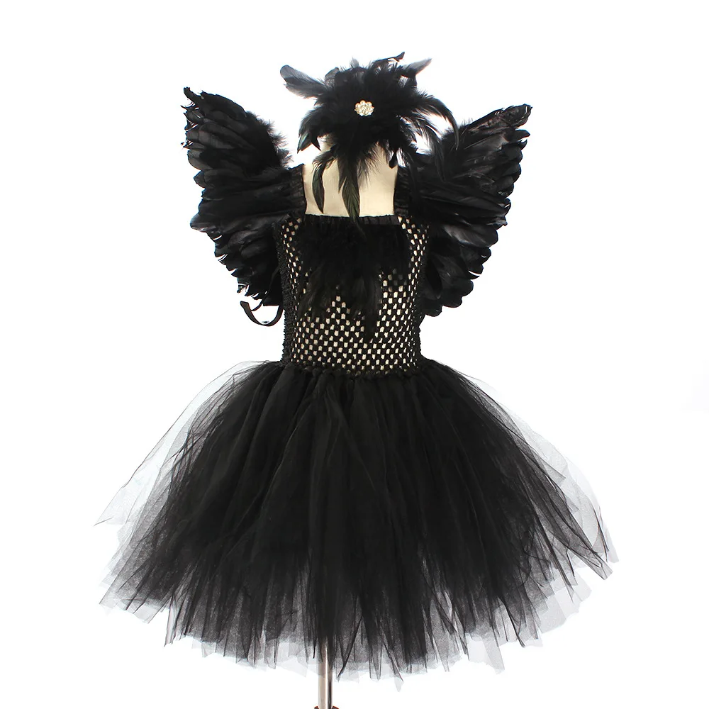 Children Halloween Party Dress Up Black Lake Swan Feather Evil Princess Gothic Style Tulle Tutu Dress With Wing Hair Clip Outfit
