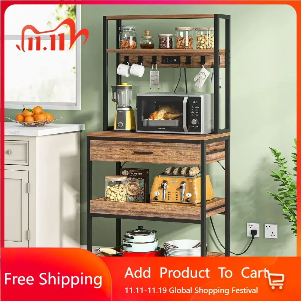 

Kitchen Bakers Rack with Power Outlets, 5-Tier Microwave Oven Stand with Drawer, Freestanding Coffee Bar, Kitchen Storage Shelf