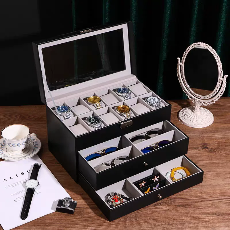 

3 Layer Black Leather Watch And Eyeglasses&Sunglasses Box With Jewelry Display Drawer Metal Buckle Case Organizer