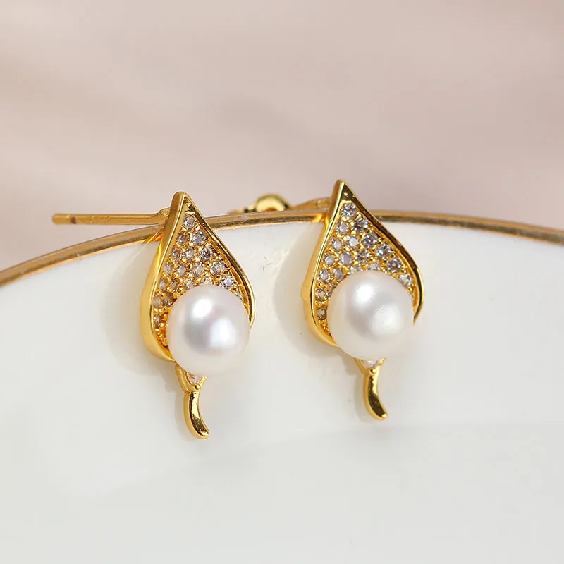 E033 Gold Plated Copper S925 Sterling Silver Needle Leaf Pearl Stud Earrings Findings Jewelry Making DIY Jewelry Accessories