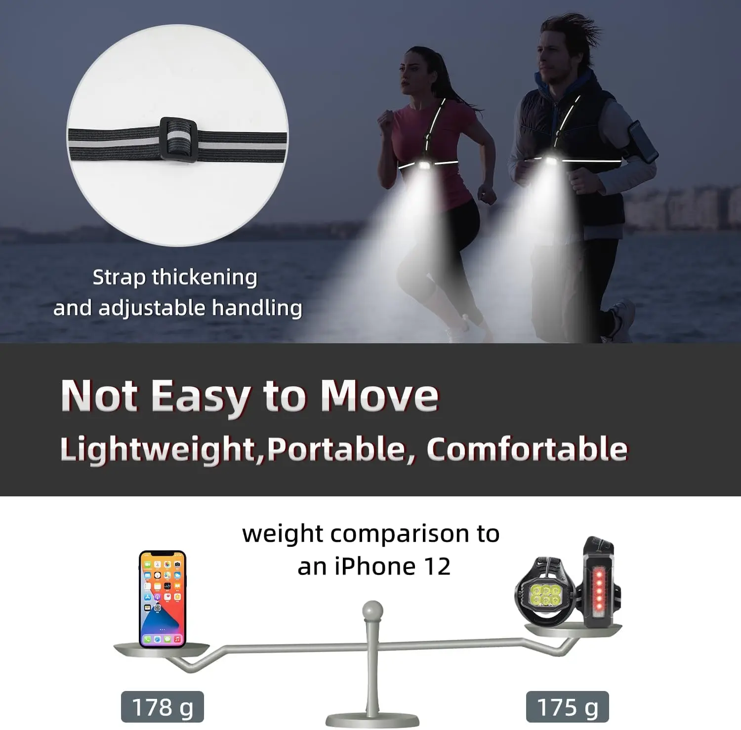 800 Lumen Rechargeable Chest Light for Runners & Dog Walkers, Adjustable Reflective Strap, 4-8H Runtime