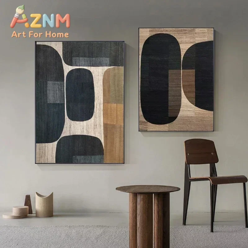 AZNM Neutral Geometric Abstract Canvas Wall Art Wabi Sabi Brown Black Texture Shape Art Print Unframed Canvas Poster for Home De